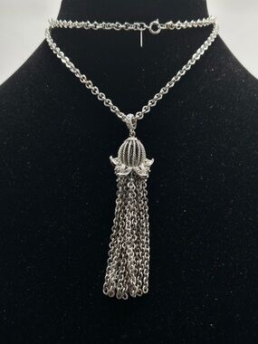 Monet, Long Silver Necklace With Silver Chain Tassel, Vintage
